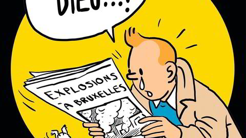 Landesorg. I kjølvannet av terroren i Brussel publiserte den colombianske tegneserieskaperen Vladdo Flórez et bilde av en gråtende Tintin som gikk viralt i sosiale medier verden over. Illustrasjon: Vladdo Flórez, fritt etter Hergé