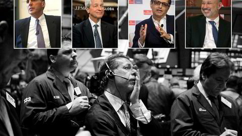 Stemningen var intens og dyster på New York Stock Exchange i september for ti år siden. Wall Street-toppene fra finanskrise-tiden øverst fra venstre: Lehman Brothers-sjef Richard S. Fuld Jr, JP Morgan-sjef Jamie Dimon, Citigroup-sjef Vikram Pandit og Goldman Sachs-sjef Lloyd Blankfein.