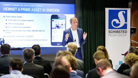 Konsernsjef Rolv Erik Ryssdal i Schibsted kunngjorde på presentasjonen av Schibsteds resultater i første kvartal 2015 at selskapet ønsket å kjøpe svenske Hemnet. Foto: Gorm Kallestad /