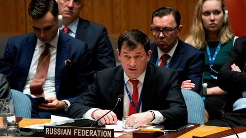 Russlands viseambassadør til FN, Gennady Kuzmin, under krisemøtet i sikkerhetsrådet mandag.