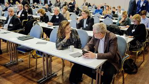 LOs nestleder Tor Arne Solbakken og NHO-leder Kristin Skogen Lund på NHOs pensjonskonferanse tirsdag. Alle foto: Fredrik Bjerknes