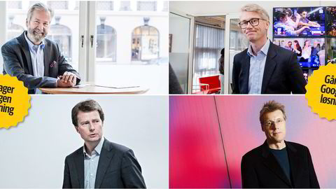 Schibsted-styreleder Ole Jacob Sunde (over til venstre) og Polaris-sjef Per Axel Koch (nederst til venstre) står sammen om annonsesalg. TV 2-sjef Olav T. Sandnes (øverst til høyre) og Aller-sjef Dag Sørsdahl går for Google. Foto: Adrian Nielsen, Aleksander Nordah, Eivind Sennese og Thomas T. Kleiven