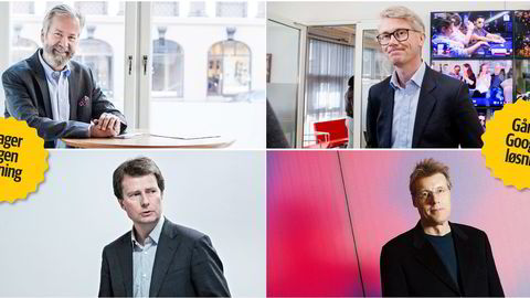 Schibsted-styreleder Ole Jacob Sunde (over til venstre) og Polaris-sjef Per Axel Koch (nederst til venstre) står sammen om annonsesalg. TV 2-sjef Olav T. Sandnes (øverst til høyre) og Aller-sjef Dag Sørsdahl går for Google. Foto: Adrian Nielsen, Aleksander Nordah, Eivind Sennese og Thomas T. Kleiven