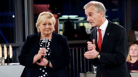 Statsminister Erna Solberg (H) og Arbeiderpartiets leder Jonas Jonas Gahr Støre kjemper om velgernes gunst 11. september.