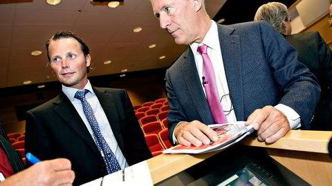 Oslo. 08.08.13. Thomas Wilhelmsen (Group CEO) (tv) og Jan Eyvin Wang (CEO og president) i Wilh. Wilhelmsen ASA. Her fra resultatpresentasjonen for andre kvartal 2013. Foto: Elin Høyland