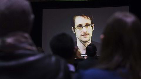 Edward Snowden under en videokonferanse på et arrangement i Canada ifjor. Foto: