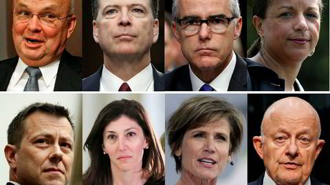 En rekke tidligere CIA-direktører tar et oppgjør med Donald Trump. Toppen fra venstre: Michael Hayden, James Comey, Andrew McCabe, Susan Rice. Bunnen fra venstre: Peter Strzok, Lisa Page, Sally Yates, James Clapper.