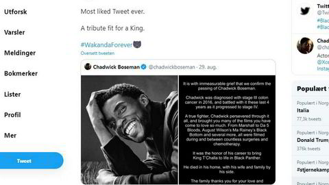 Meldingen om skuespiller Chadwick Bosemans død satte Twitter-rekord. Meldingen om skuespiller Chadwick Bosemans død satte Twitter-rekord.