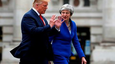 USAs president Donald Trump og britenes statsminister Theresa May i London tirsdag.