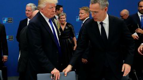 Natos generalsekretær Jens Stoltenberg er i Washington for å forberede sommerens viktige Nato-toppmøte. Her med USAs president Donald Trump på et Nato-toppmøte i Brussel ifjor.