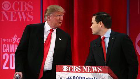 Presidentkandidatene Donald Trump (t.v.) og Marco Rubio under debatten i CBS News natt til søndag. Foto: Spencer Platt/Getty Images/AFP/NTB SCANPIX