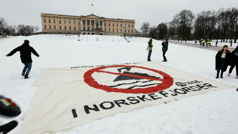Aksjon Nei til gruvedumping i Repparfjord foran slottet i Oslo fredag.