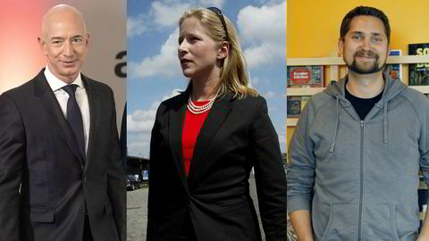 Fra venstre: Amazon-boss Jeff Bezos, Kinnevik-eier Cristina Stenbeck og Kolonial.no-sjefen Karl Alveng Munthe-Kaas.