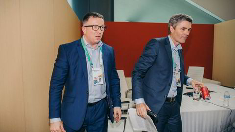 John Markus Lervik (til høyre) i Cognite lander nye avtaler med olje- og gasselskaper i utlandet, senest østerrikske OMV. Her under en oljekonferanse i Houston, Texas tidligere i år med Aker BP-sjef Karl Johnny Hersvik.