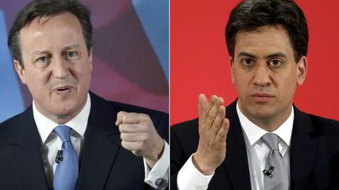 Det er jevnt løp mellom statsminister David Cameron (til venstre) og utfordrer Ed Miliband før dagens valg i Storbritannia. Foto: Adrian Dennis, AFP/NTB Scanpix