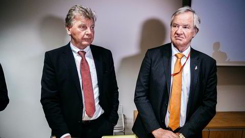 Norwegian-toppene Bjørn Kjos (til høyre) og Bjørn Kise, som også er flyselskapets største aksjonærer, var ikke i det vanlige sprudlehumøret fredag. Foto: Fartein Rudjord