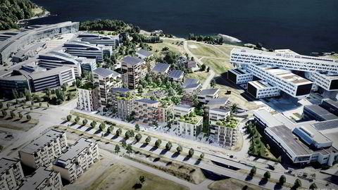 Oversiktsperspektiv over tomten på Fornebu der Aker Solutions-bygget kan bli konvertert til boliger. Foto: Mad arkitekter ---