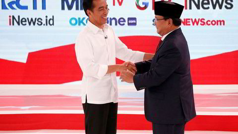 Indonesias president Joko Widodo (til venstre) leder foran Prabowo Subianto på meningsmålingene før valget i april. Det er skapt mange «enhjørninger», som er verdt over en milliard dollar, i den indonesiske oppstartssektoren.