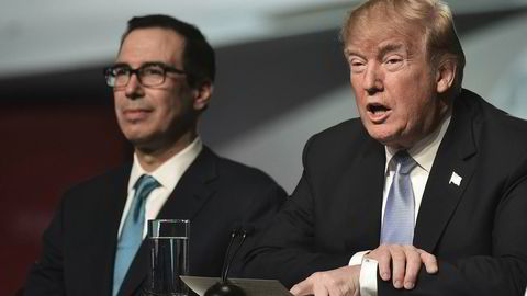 President Donald Trump sier han er ekstremt fornøyd med jobben finansminister Steven Mnuchin (til venstre) gjør.