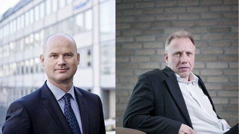 Erik Roland i Nordea Markets (venstre) og Kristian Tunaal i DNB Markets forteller hvilke aksjer de ser på som de tryggeste akkurat nå. Foto: Aleksander Nordahl, Kristine Nyborg