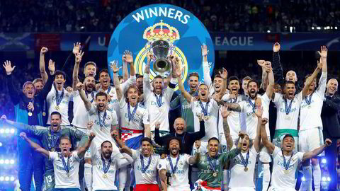 Det spanske fotball-laget Real Madrid, her etter finaleseieren over Liverpool i Champions League, Kiev, 2018.