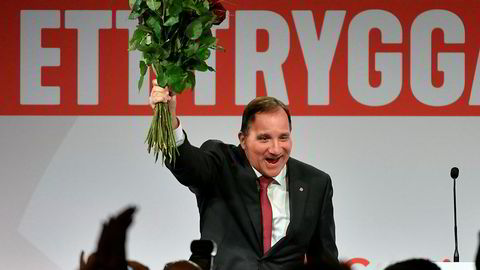 Sveriges statsminister Stefan Löfven på Socialdemokraternas valgvake søndag kveld.