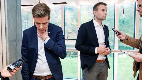 KrF-leder Knut Arild Hareide og nestleder Kjell Ingolf Ropstad fronter hver sin side i KrFs debatt om veivalg.