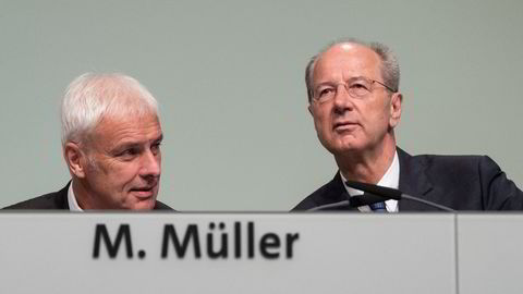 Ettervirkningene av utslippsskandalen førte til at det tyske bilkonsernet Volkswagen først måtte utsette sitt årlige aksjonærmøte - så booke et gigantisk møtelokale for å få plass til alle fremmøtte. Flere oppmøtte fikk ifølge styrelederen ikke plass i salen og måtte følge med på en TV-skjerm i naborommet. Avbildet er selskapets toppsjef Matthias Müller (t.v.) og selskapets styreformann Hans-Dieter Pötsch under aksjonærmøtet onsdag.Peter Steffen/AP/NTB Scanpix