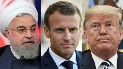 Irans president Hassan Rouhani (t.v.) skal møte frankrikes president Emmanuel Macron, som også skal møte USAs president Donald Trump.