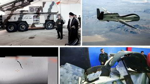 Øverst til høyre: Her inspiserer Irans øverste leder Ayatollah Ali Khamenei luftvernsystemet Khordad, som Revolusjonsgarden brukte til å skyte ned den amerikanske dronen. Til venstre er general Amir Ali Hajizadeh, kommandør i Revolusjonsgarden. Øverst til venstre: Overvåkningsdronen RQ-4 Global Hawk. Nederst til høyre: Radarbilde fra nedskytingen som USA påstår skjedde i internasjonal luftrom. Nederst til høyre: Iran påstår dette er vrakrester av dronen som Iran har hentet opp fra sjøen i iransk farvann.