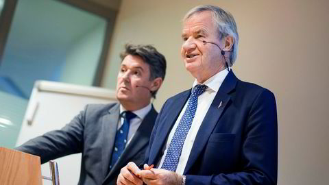 Norwegian-sjef Bjørn Kjos (t.h.) og finansdirektør Geir Karlsen, her i forbindelse med en tidligere kvartalspresentasjon.