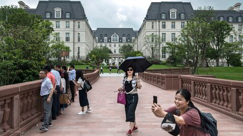 Huaweis Ox Horn-anlegg i Dongguan, nord for hovedkvarteret i Shenzhen, er bygget opp som en samling av kjente europeiske landemerker. Blant annet en kopi av Versailles-palasset.
