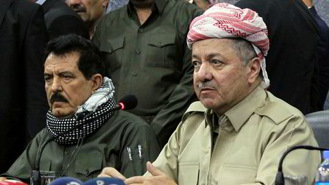 Kurdistans største opposisjonsparti ber president Massud Barzani (til høyre) og hans stedfortreder Kosrat Rasul (til venstre) om å trekke seg.
