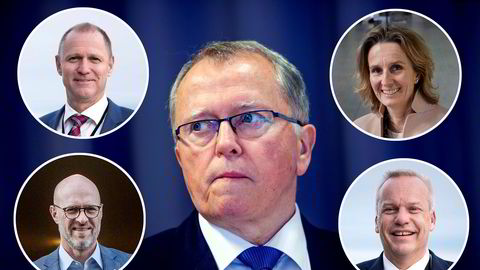 Equinor jobber med å finne Eldar Sætres (i midten) etterfølger. Lars Christian Bacher (øverst til venstre), Irene Rummelhoff, Torgrim Reitan (nederst til venstre) og Anders Opedal er fire interne kandidatene som er med i kampen om toppjobben.