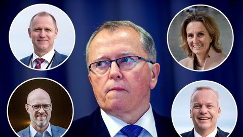 Equinor jobber med å finne Eldar Sætres (i midten) etterfølger. Lars Christian Bacher (øverst til venstre), Irene Rummelhoff, Torgrim Reitan (nederst til venstre) og Anders Opedal er fire interne kandidatene som er med i kampen om toppjobben.