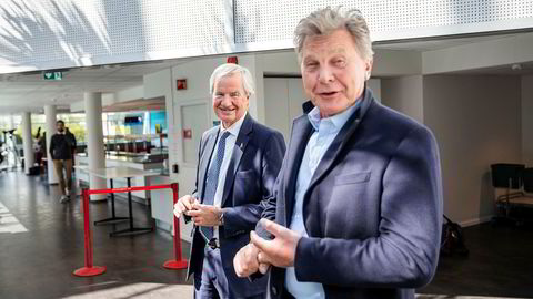 Bjørn Kjos (til venstre) og Bjørn H. Kise på Norwegians hovedkontor etter generalforsamlingen der selskapets redningsplan ble behandlet tidligere i år.