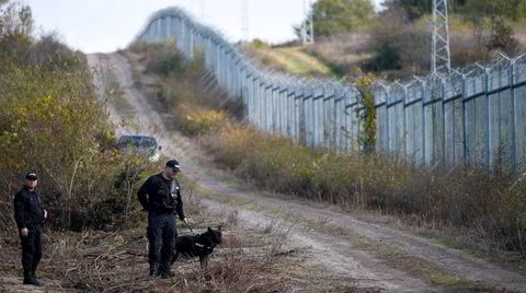 Bulgarsk grensepoliti patruljerer ved det ferske gjerdet langs den tyrkiske grensen, nær landsbyen Matochina.