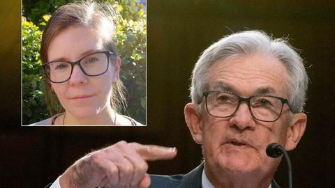 Stipendiat Ingrid Hjertaker (innfelt) tror ikke Fed og sentralbanksjef Jerome Powell vil se forbi den fortsatt høye inflasjonen, tross markedsuroen den siste tiden.