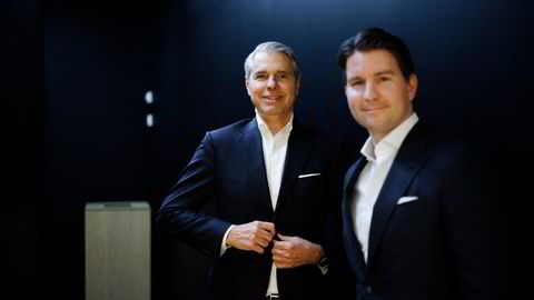Aksel Thue (til høyre), sjef for aksjetransaksjoner, og Peter Behncke, sjef for investeringsbanken i DNB Markets.