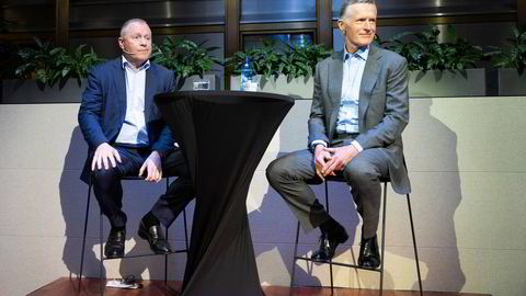 Nicolai Tangen og Ole Andreas Halvorsen under Norges Banks investeringskonferanse tirsdag.
