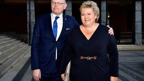 Daværende statsminister Erna Solberg og hennes mann Sindre Finnes på middag i Oslo rådhus.