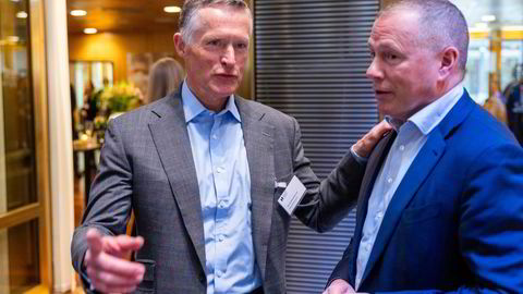 Ole Andreas Halvorsen (til venstre) og Nicolai Tangen på Oljefondets investeringskonferanse tirsdag.