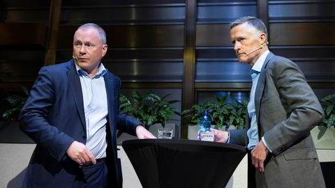 Tirsdag hadde oljefondssjef Nicolai Tangen (til venstre) og Ole Andreas Halvorsen en samtale på Norges Banks årlige investeringskonferanse. DNs fotograf forlot rommet så snart samtalen mellom de to var i gang.