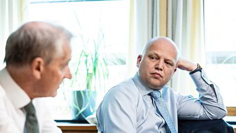 Finansminister Trygve Slagsvold Vedum (til høyre) vil ikke regne på oljeskattepakken. Her med statsminister Jonas Gahr Støre da DN møtte dem i forbindelse med fremleggelsen av revidert nasjonalbudsjett tidligere denne måneden.
