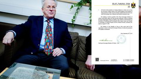 Martin Schøyen ble avbildet av DN i 2002. Innfelt er et brev fra den irakiske ambassaden i Oslo til Kulturdepartementet, der de ber om hjelp til å få antikke gjenstander utlevert.