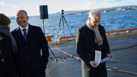 Finansminister Trygve Slagsvold Vedum og statsminister Jonas Gahr Støre (til høyre) fra pressekonferansen tidligere i år da de presenterte regjeringens satsing på havvind.