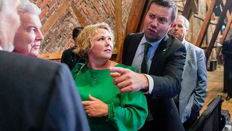 Sp-nestleder Anne Beathe Tvinnereim og landbruksminister Geir Pollestad på Senterpartiets valgvake på Høymagasinet på Akershus festning mandag kveld.