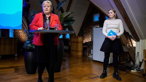 Høyres leder Erna Solberg og nestleder Tina Bru presenterer partiets alternative statsbudsjett for 2025 i Loftstuen på Stortinget.