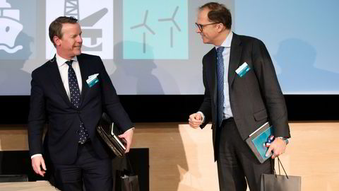 Torsdag møttes Frontline-sjef Lars H. Barstad (til venstre) og Euronav-sjef Hugo De Stoop (til høyre) i den siste paneldebatten i DNBs årlige energi- og shippingkonferanse i Oslo. Det var det første fysiske møtet mellom de to siden sammenslåingen av selskapene havarerte i januar.