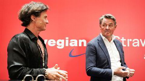 Petter Stordalen (fra venstre) og Norwegian-sjef Geir Karlsen lanserte et stort samarbeid om lojalitetsprogrammer tirsdag. I fremtiden kan det børsnoteres, og bli verdt like mye som flyselskapet.